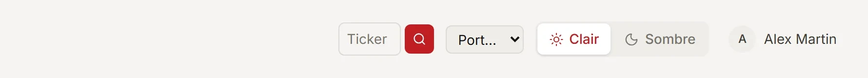 La barre du haut avec la recherche de symbole et le changement de portefeuille