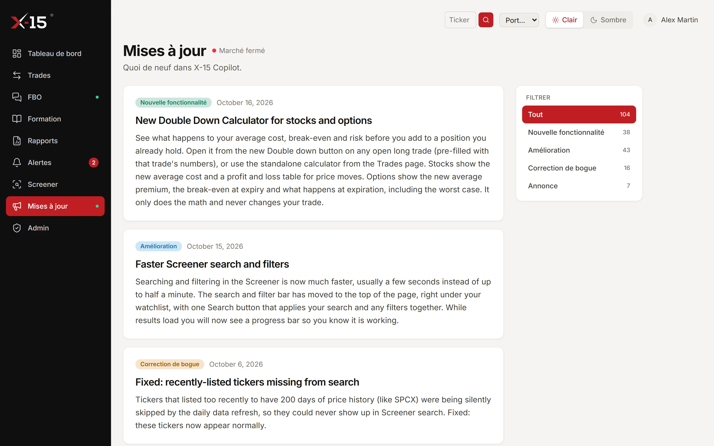 La page Mises à jour