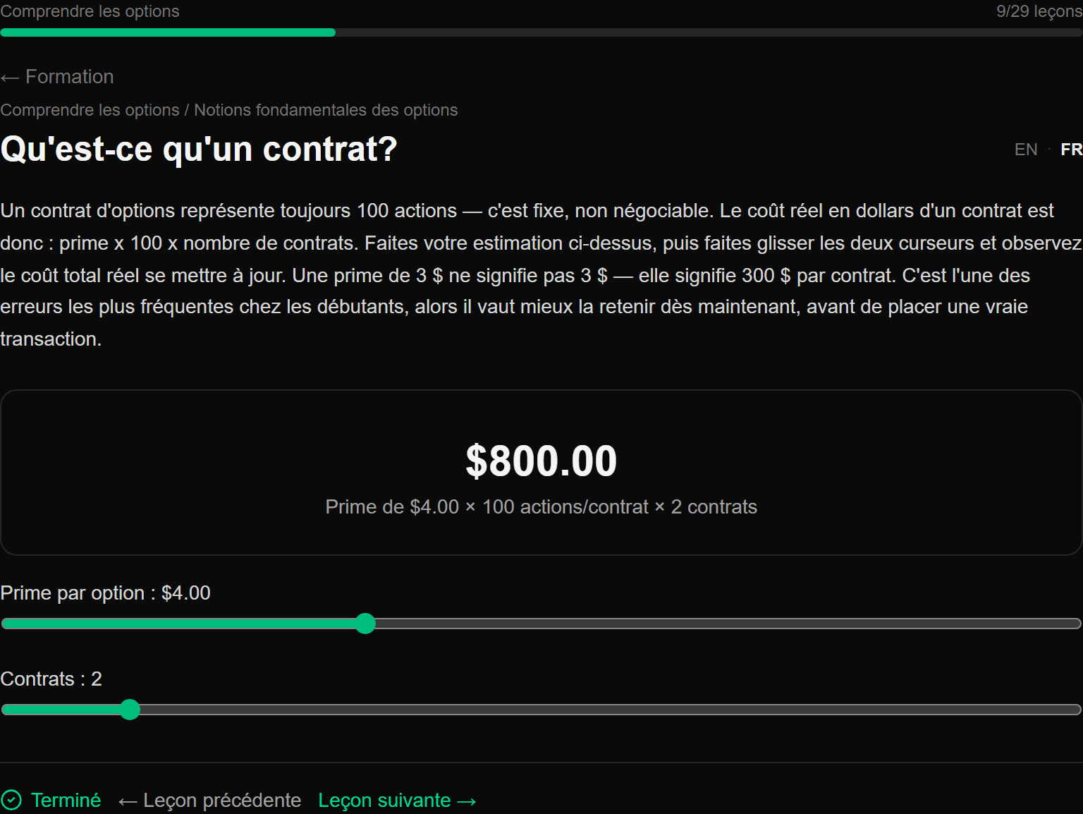 Calculatrice interactive montrant le coût total réel d'un contrat d'options