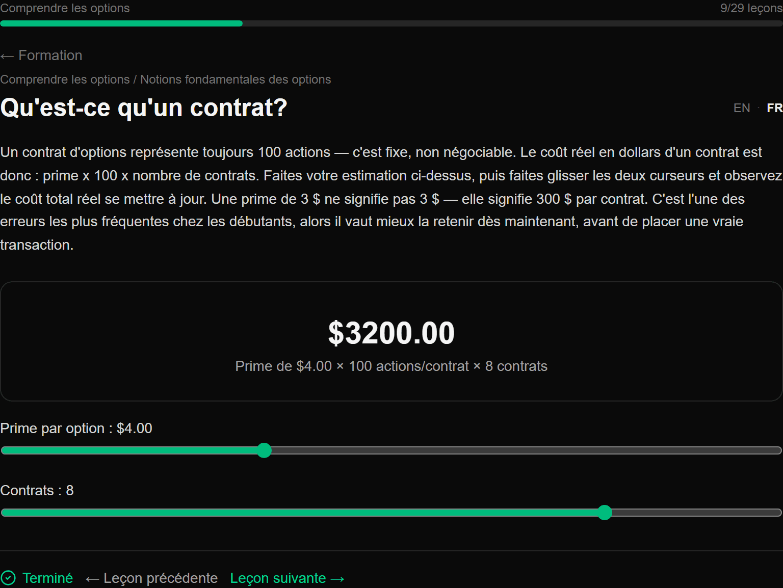 Calculatrice interactive après avoir déplacé un curseur, montrant le coût total passer de 800 $ à 3 200 $